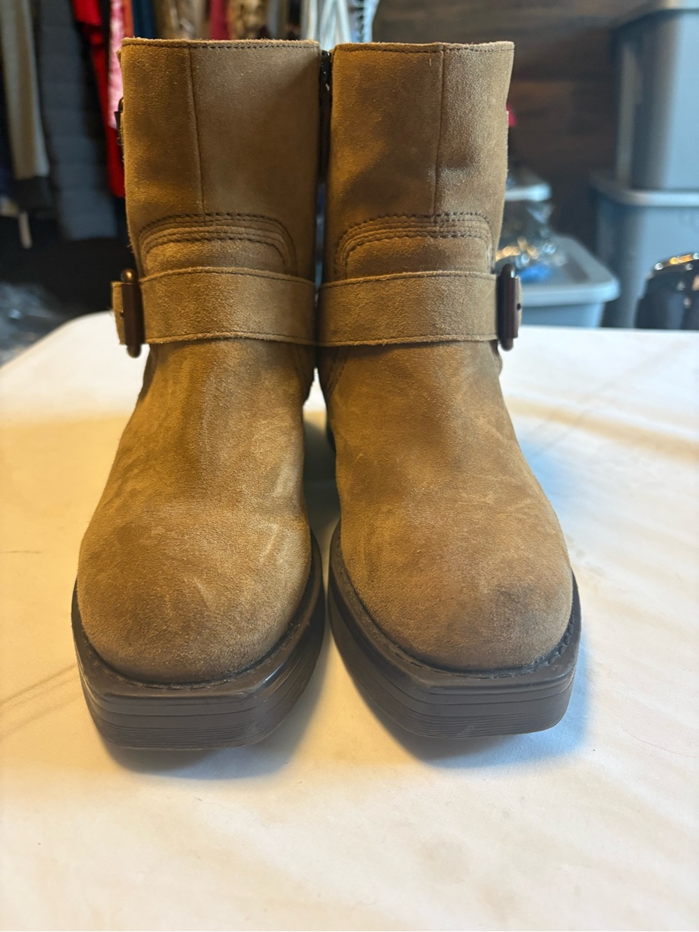 Clarks Tan Suede Ankle Boots with Buckle Strap